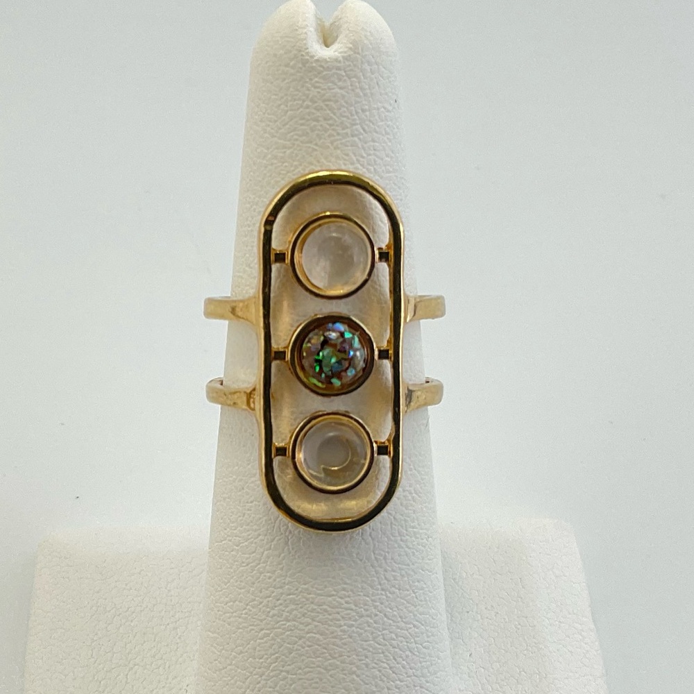 Vintage, Clear Quartz, Abalone, & Moonstone Ring, Modern Style, Celestial